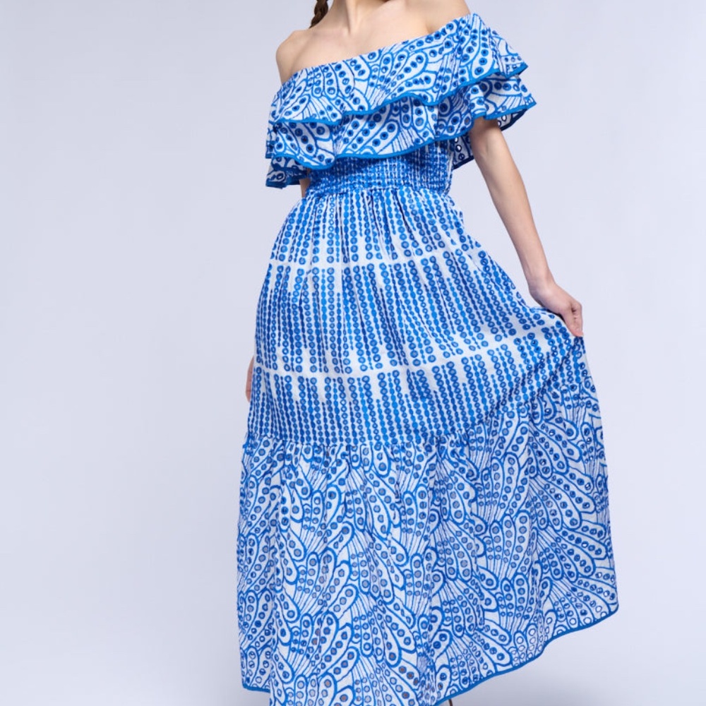 Akira, Gorgeous Blue And White, Eyelet, Embroidered Ruffled Maxi Dress, Size L - Picture 2 of 6